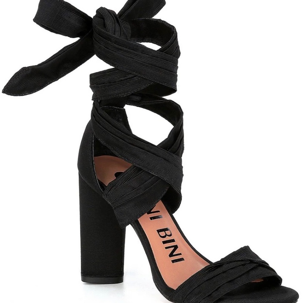 Black wrap up block heels